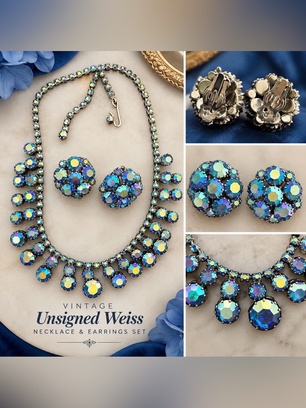 Vintage Aurora Borealis Necklace & Clip Earrings - Unsigned Weiss Blue Green